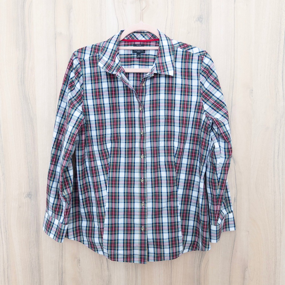 Talbots Womens Button Down Shirt 12P Multicolor Plaid Metallic Holiday Classic